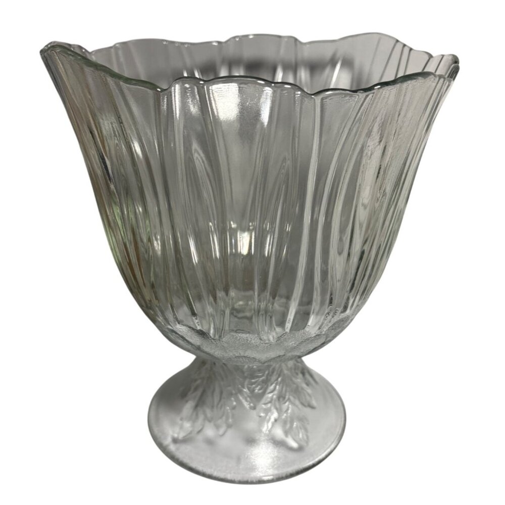 Clear Glass Pedestal Bowl With Leaf Design & Scalloped Edge Textured Embossed 8"